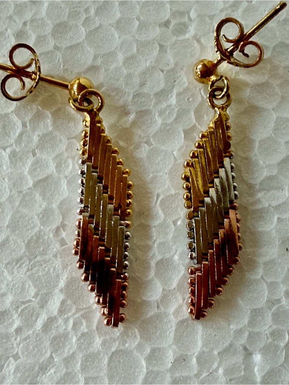 Tricolor Dangle Feather Earrings — Gold, Silver & Rose Gold